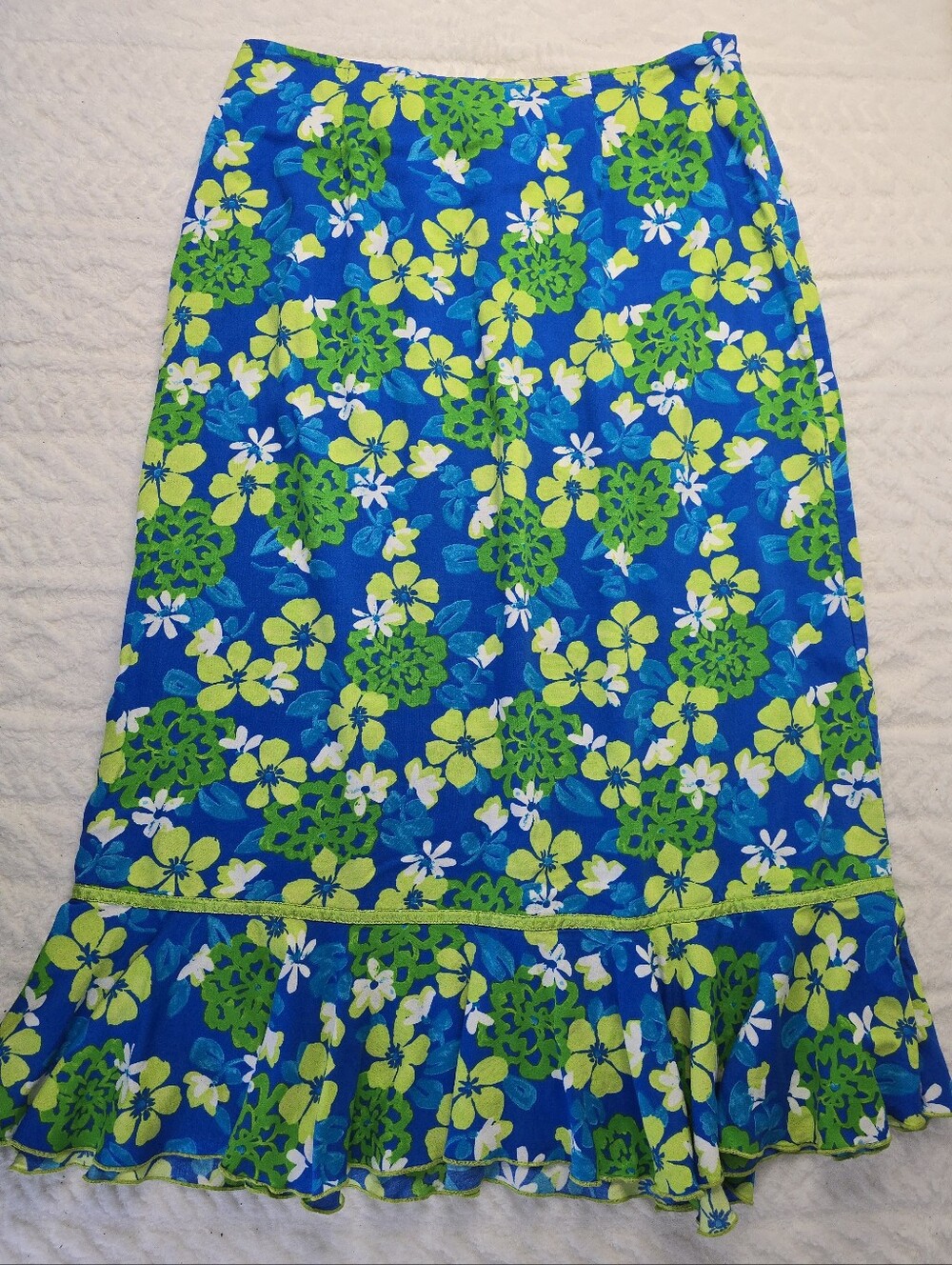 Vintage Usindo Midi Skirt Blue Green Tropical Floral Ruffle Hem Resort M